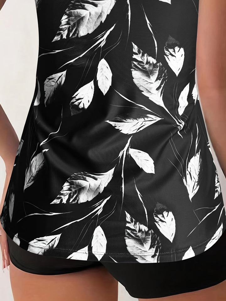 Elise | Black & White Leaf Print Tankini Set
