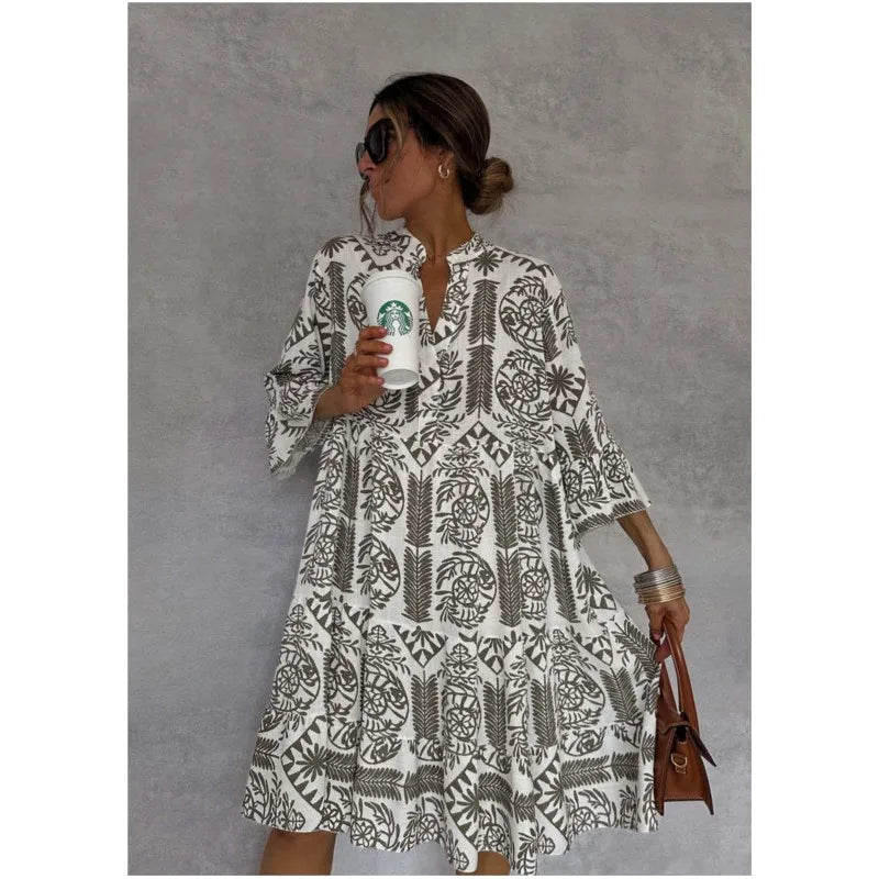 Adeline™ | Printed V-Neck A-Line Skirt Dress