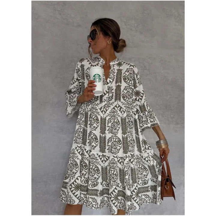 Adeline™ | Printed V-Neck A-Line Skirt Dress