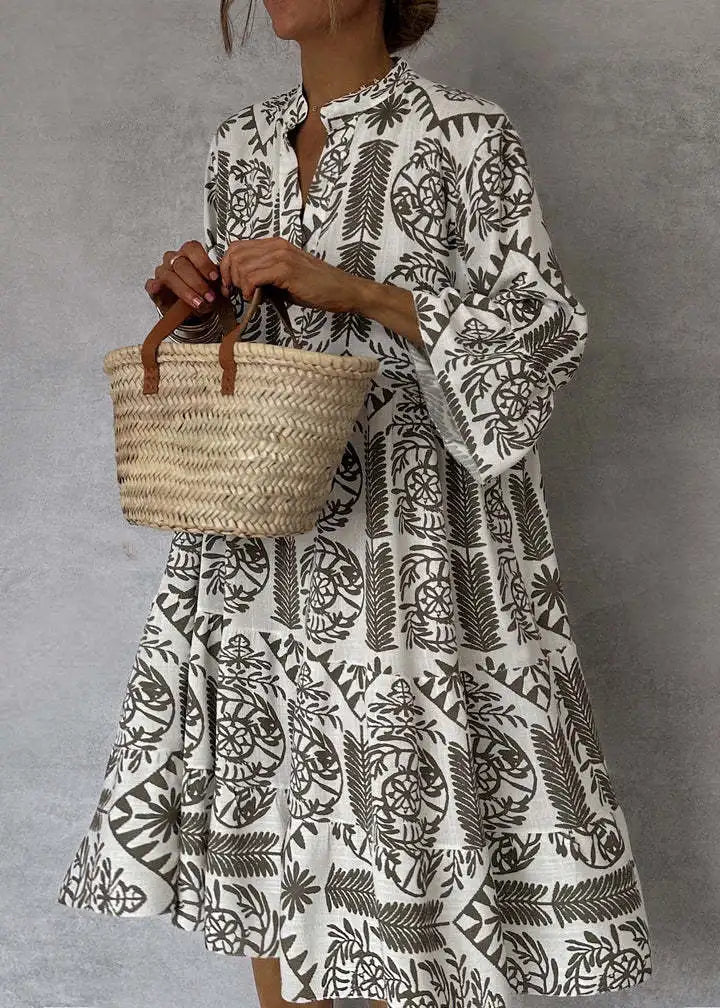 Adeline™ | Printed V-Neck A-Line Skirt Dress