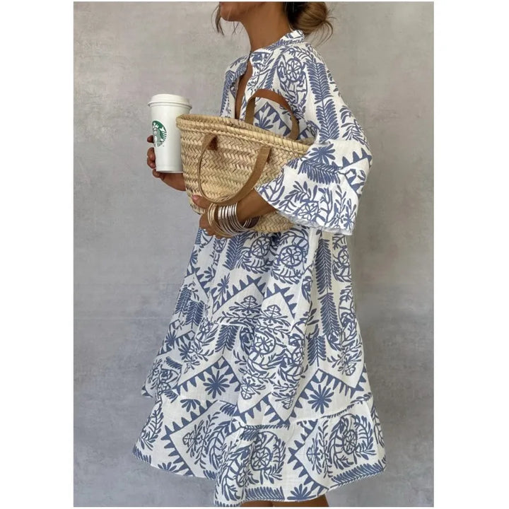 Adeline™ | Printed V-Neck A-Line Skirt Dress