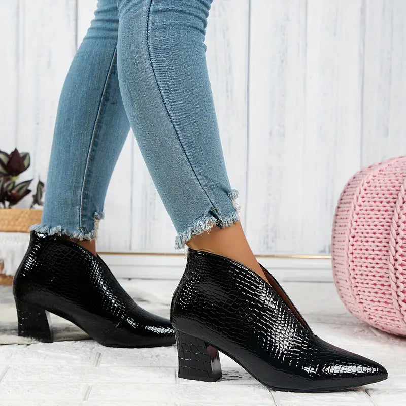 Women's Textured Ankle Boots with Curved Cut and Mid Block Heel